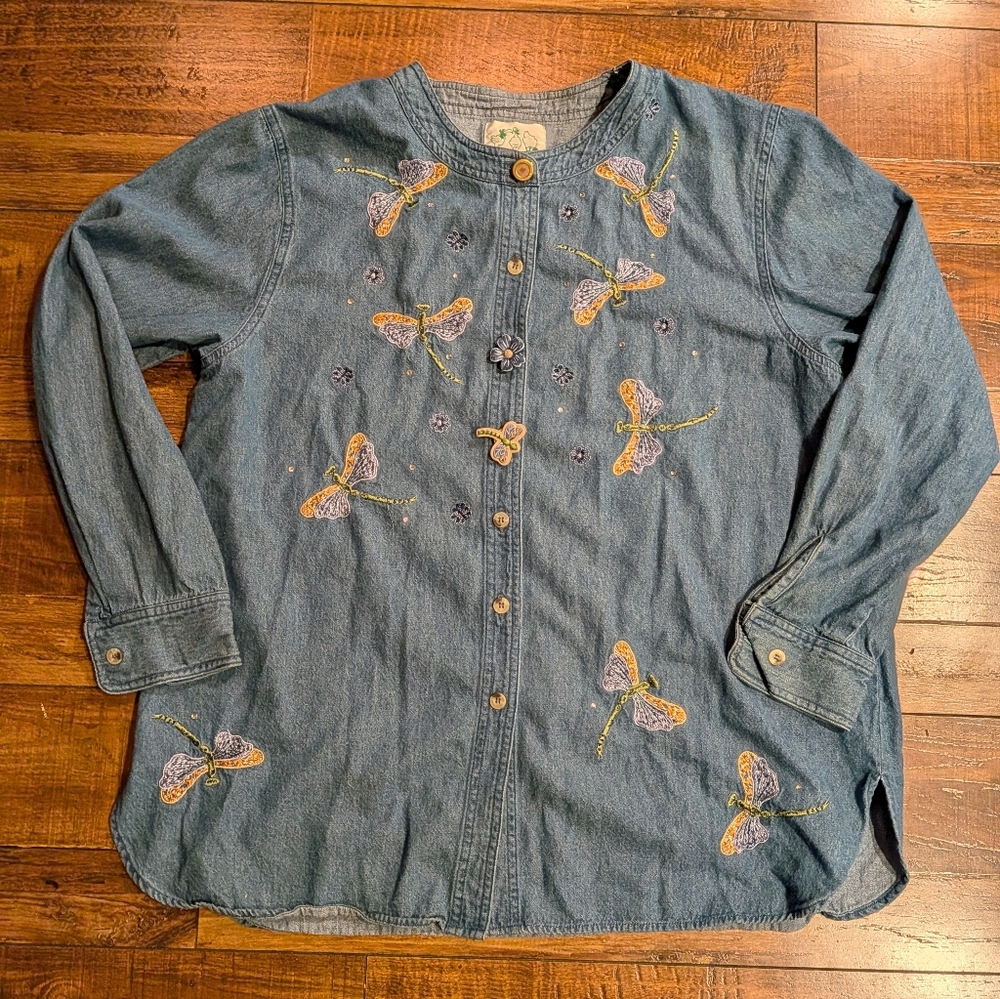 The Quacker Factory Butterfly Embroidered Grandmacore Long Sleeve Shirt Sz Large
